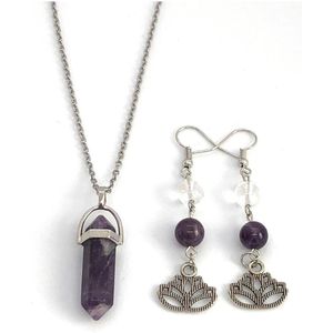 PuurSpirits - Amethist Bergkristal met Lotus - Sieraden Set - Dames - Sieraden geschenkset - Sieraden sets dames, Edelsteen ketting, Edelstenen sieraden, Oorbellen dames, Edelsteen hanger