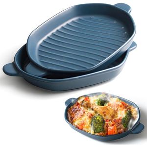 Braadpan, 26 x 18 cm, lasagnevorm met handvat, ideaal voor 2 personen, bakvorm, ideaal voor oven, keramiek, bakvorm, lasagne, bakvorm, 2 stuks (blauw)