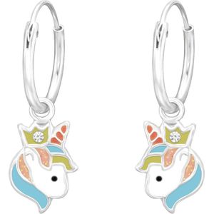 Joy|S - Zilveren eenhoorn oorbellen - met kroontje - unicorn oorringen - kristal
