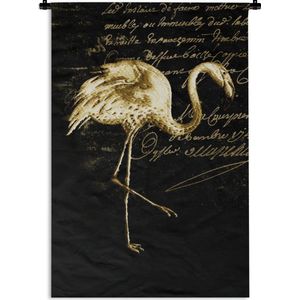 Wandkleed FlamingoKerst illustraties - Een gouden flamingo tegen een zwarte achtergrond met gouden letters Wandkleed katoen 90x135 cm - Wandtapijt met foto