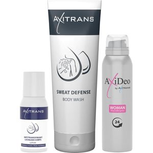 Axitrans lotion normal + Sweat Defense douchegel + Deo Woman - Anti Transpirant, anti zweet spray, hypoallergenic en parfumvrij, voor een fris en comfortabel gevoel de hele dag door, voordeelpakket 3 stuks