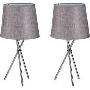 2x stuks design tafellampen/schemerlampjes zilvergrijze kap en stalen poten 38 x 20 cm - Woonkamer lampjes