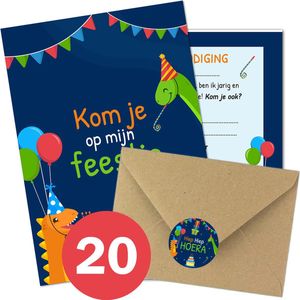 20x Uitnodiging Kinderfeestje + Enveloppen & Sluitstickers (20 kaartjes & 20 enveloppen) Beschrijfbaar - Thema Dino Blauw - Uitnodiging verjaardag - Jongen of meisje - uitnodigingskaarten + kraft envelop - Verjaardag Feest