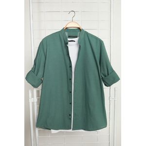 Trendyol Donkerblauwe Slim Fit Basic Judge Collar Met Epauletten 100% Katoenen Linnenlook Overhemd Tmnss20Go0188