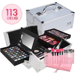 Make-Up Koffer - Make-Up Set - Meisjes - Incl. Inhoud - Set Inclusief Premium Roze Kwasten & Reis Etui - Veganistisch Cosmetica - 113 Delig - Incl Slot
