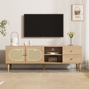 Sweiko Vine TV kast 150x40x50 cm, met 2 rieten deuren, 2 lades, Verstelbare hoogte planken en kabel management, geschikt voor tv's onder 60 inch,Houtkleur