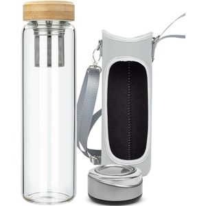 Reeho Theefles van glas met roestvrijstalen zeef, 1000 ml / 1 liter, glazen waterfles met neopreen omhulsel, theepot met filter, borosilicaatglas, waterfles BPA-vrij