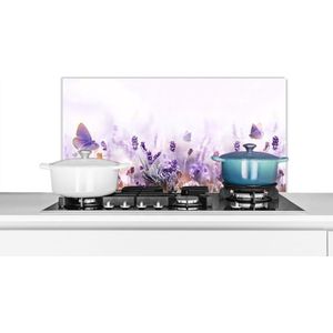 Spatscherm keuken 80x40 cm - Kookplaat achterwand Lavendel - Vlinder - Paars - Bloemen - Natuur - Muurbeschermer - Spatwand fornuis - Hoogwaardig aluminium