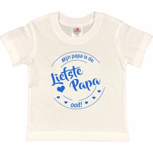 T-shirt Kinderen ""Mijn papa is de liefste papa ooit!"" Vaderdag | korte mouw | Wit/blauw | maat 122/128