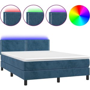 vidaXL - Boxspring - met - matras - en - LED - fluweel - donkerblauw - 140x190 - cm