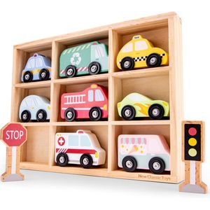 New Classcic Toys Speelgoedvoertuig - Auto's in Houten Box - 8 auto's, 1 stoplicht en 1 stopbord
