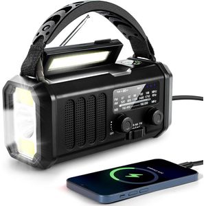 Noodradio - Weerradio - Handbediend en op zonne-energie - 10000 mAh - Oplaadbare batterij - Ingebouwde zaklamp, leeslamp en kompas - SOS-signaal - AM/FM-radio - Draagbaar - Geschikt voor kamperen en noodgevallen - Zwart