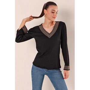 Geborduurde gebreide dames blouse shirt met V-hals | Zwart