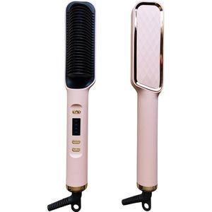 Stijltangborstel, stijltangkam voor dames, 4 snelheden voor snelle verwarming en dubbele spanning, roze