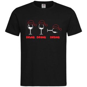 T-shirt Unisex Volwassenen Fout Foute Kerst Kerstmis Wijn Grappig Tekst ""Drink Drank Drunk (Kersteditie)"" | korte mouw | Zwart/wit/rood | maat S