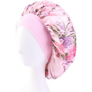 Baby Pink Sleep Night Cap with Floral Print - Wide Band Satin Bonnet.