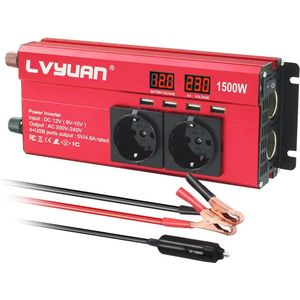 12V naar 220V 1500W Omvormer met 4 USB Poorten en 2 Stopcontacten - DC naar AC Inverter voor Auto