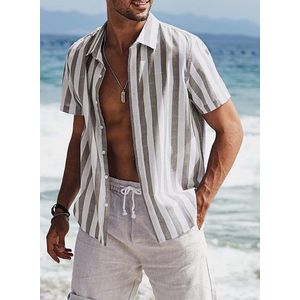 Gestreept overhemd voor heren - korte mouwen - vrijetijdshemd - zomer - casual - regular fit - Bruin Wit - M