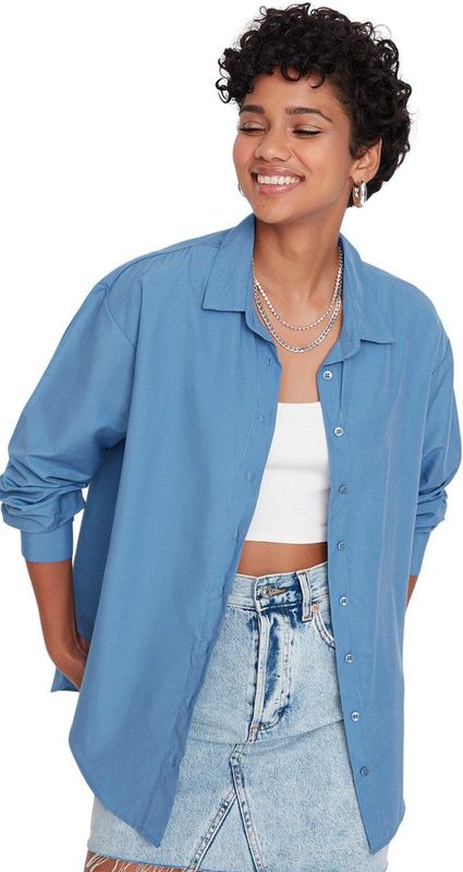 Trendyol Geel Losvallend Katoenen Geweven Overhemd Tweeaw20Go0107