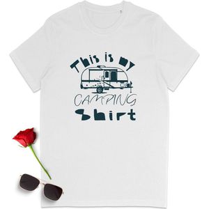 This is my Camping Shirt - Grappig Camping t Shirt - Tshirt met caravan print - t-Shirt vrouwen met tekst - Tshirt voor mannen - Dames en heren t shirt - Unisex maten: S M L XL XXL XXXL - Shirt kleuren: wit, khaki en geel.