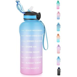 Drinkfles, 2 liter, BPA-vrij, met rietje en tijdstempels, 1-klik sluiting, lekvrije waterfles voor gewichtsverlies en voor de algemene gezondheid