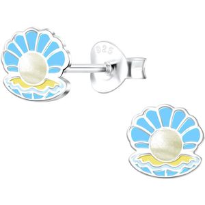 Joy|S - Zilveren schelp oorbellen met pareltje - kinderoorbellen - blauw - 7 mm
