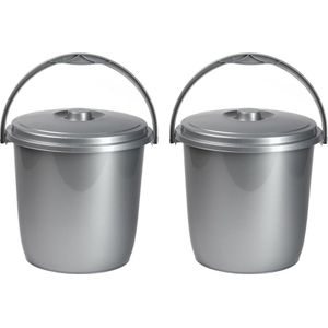 2x Afsluitbare emmers met deksel 15 liter zilver - Afval scheiden - Afvalemmer/vuilnisemmer - Luieremmer - Schoonmaken/reinigen - Wasemmer