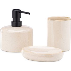 Navaris Badkamer accessoires set 3-delig - Badkamerset met zeepdispenser, tandenborstelbeker en zeepbakje - Toiletaccessoires set zandkleur - Keramiek
