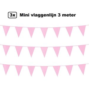 3x Mini vlaggenlijn licht roze 3 meter - 10x 15cm - Huwelijk thema feest festival vlaglijn party geboorte