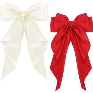 Grote haarclip - Grote strik haarclips met lange satijnen zijdezachte haarclips voor meisjes en vrouwen, melkwit + rood (2 stuks)