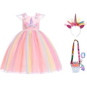 Unicorn - Prinsessenjurk meisje - Fidget toys - Lange handschoenen - Roze jurk - Eenhoorn - Haarband - Het Betere Merk - maat 122/128 (140) - Verkleedkleren Meisje