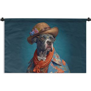 Wandkleed - Wanddoek - Hond - Colbert - Bloemen - Hoed - Blauw - 90x60 cm - Wandtapijt
