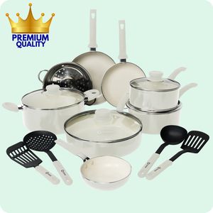 COOCK 19-Delige Pannenset Inductie - Speciale Anti-Aanbak Coating - Ergonomische Koudgrepen - Gerecycled Aluminium - koekenpannenset - kookpottenset - Wit - Inclusief Onderzetters en E-book