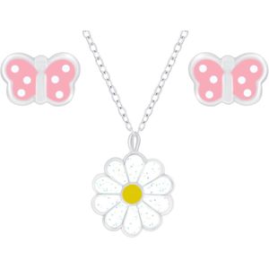 Joy|S - Zilveren bloem hanger met ketting en vlinder oorbellen set - voor kinderen