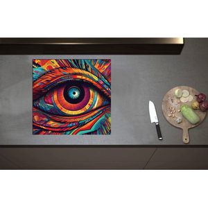 Inductieplaat Beschermer - Blauw Oog op Kleurrijk Gezicht - 57x55 cm - 2 mm Dik - Inductie Beschermer - Bescherming Inductiekookplaat - Kookplaat Beschermer van Zwart Vinyl