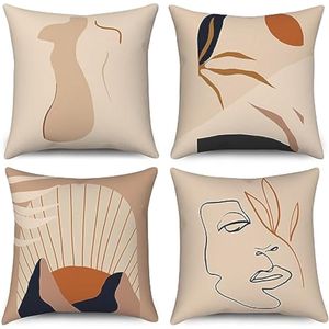Selbro®, Kussensloop, 40 x 40 cm, set van 4, modern, abstract, kunst, voor meisjes, gezicht, bladeren, kaki, sierkussen, kussensloop, wasbaar, polyester en vlas textiel