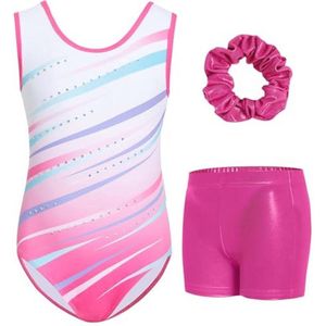 Driedelig mouwloos turnpakje voor meisjes met korte broek en haarband - glitter gymnastiekoutfits met strass accenten