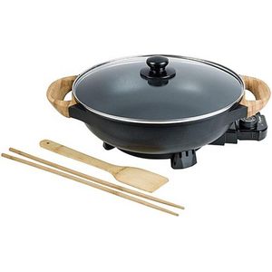 Bestron elektrische Wokpan, XL-Hapjespan met glazen deksel, inclusief Wokset: 1x bamboespatel & 2x eetstokjes, 1.500 W, kleur: zwart