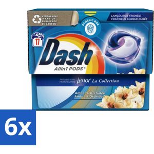 6 x Dash - Lenor Collectie - Wasmiddel Capsules - All-in-1 Pods - Witte en Gekleurde Was - Amber & Orchidee - 17 Wasbeurten - Wasmiddel Capsules - Lenor Geur - Waspoeder - Vlekkenverwijderaar - Wasverzachter