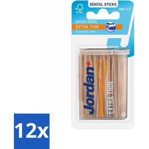 Jordan - Dental Sticks - Extra dunne tandenstokers - 105 Stokers - Voordeelverpakking - 12 stuks