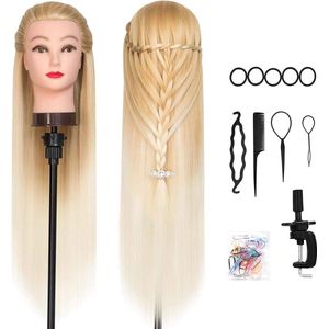 Oefenhoofd met hogetemperatuurvezel-haar, haar opsteken, cosmetiek, mannequin, met statief en DIY-haar, stylingaccessoires B