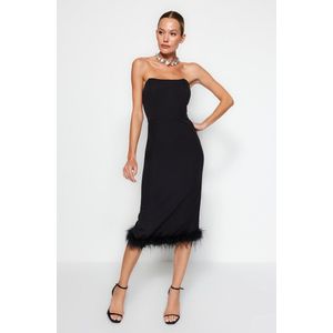 Trendyol Vrouwen Standaard mouw Strapless lichaamskegel Zwart getailkunstleerde geweven korset Gedetailkunstleerde elegante avondjurk met Otriches TPRAW24EL00182