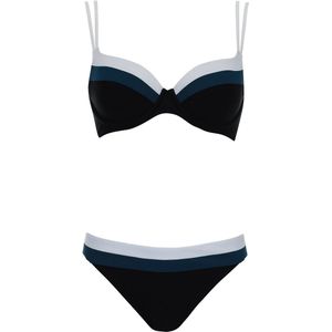 Sunflair Bikini Dames – Zwart/Wit/Blauw – Voorgevormde Cups & Beugel – Sportieve Look – Verstelbare Bandjes – Maat 38 B-Cup