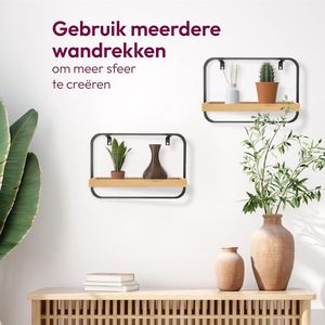 Wandrek Bamboe Metaal Rechthoek | Wandplank Hout Zwevend | Wandrek Zwart | Wandkast Hangend Industrieel | 39 x 26.5 x 10 cm