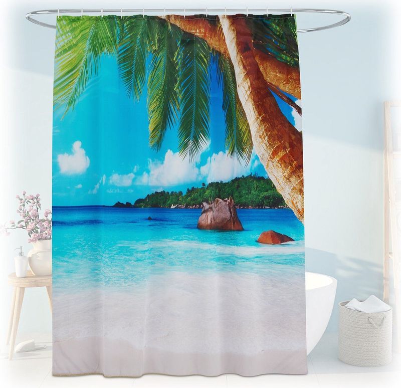 Douchegordijn - Bedrukt - Strand en Palmbomen - Polyester - Waterafstotend