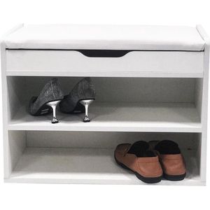 Schoenenrek hal bankje - open schoenenkast - met opklapbaar zitkussen wit