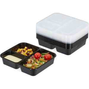 Herbruikbare Meal Prep Bakjes - Set van 10 - 3 Vakken - Magnetron en Vriezer Veilig - 1000 ml - Zwart Meal prep bakjes