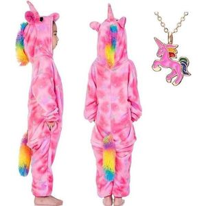 La Señorita Eenhoorn Onesie Unicorn roze huispak kostuum kinderen - 128-134 (130) + ketting pyjama meisje- verkleedkleding jurk meisje