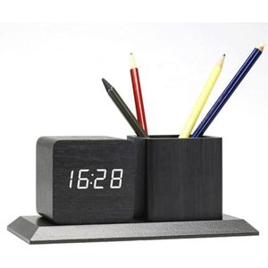 Houten Wekkerradio Met Penhouder - Desk Organizer Voor Thuis & Kantoor - 3 Alarm Instellingen - Dimbaar