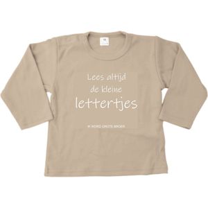 Shirt Aankondiging zwangerschap ""Lees altijd de kleine lettertjes (ik word grote broer)"" | lange mouw | Zand/wit | maat 98 zwangerschap aankondiging bekendmaking Baby big bro brother